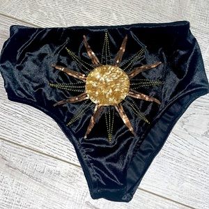 Andie Yu black velvet gold sunburst sequins swim bikini bottom small like new